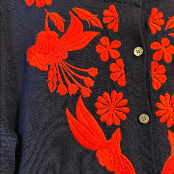 J Crew Women's Navy Button Cardigan Red Floral Embroidery 100%Merino Wool Size M - Picture 4 of 11